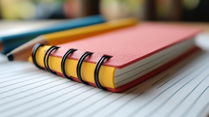 Close up of a colorful notebook and stationery on a table