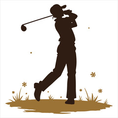 A graphic silhouette of a golf swinging player with a black and white background