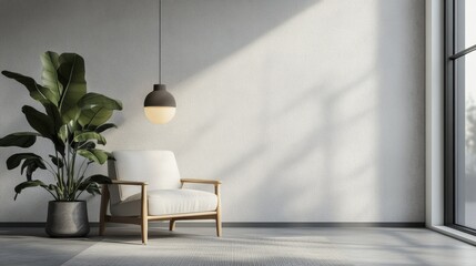 Indoor Living Room with Armchair, Potted Plant, and Sunlight through Window