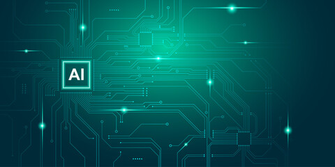 Dark green gradient electronic circuit pattern background with sparkling laser light. AI chip icon concept and future technology. Art & Illustration