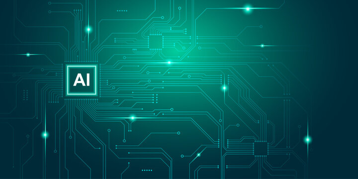 Dark green gradient electronic circuit pattern background with sparkling laser light. AI chip icon concept and future technology. Art & Illustration