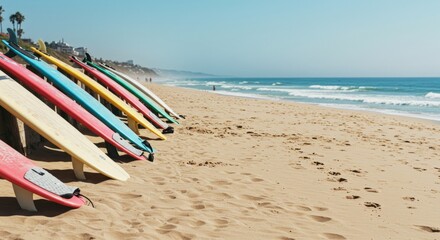 Colorful surfboards lined up on sandy beach with ocean waves and blue sky. Rainbow surf equipment arranged on golden sand near water. Summer vacation and water sports concept