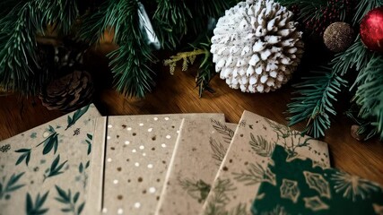 Arrangement of handcrafted notecards featuring nature-inspired designs with pine cones, branches, and ornaments on wood surface - Powered by Adobe