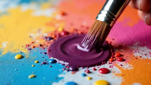 Vibrant acrylic paint stroke on canvas, artist paintbrush mixing purple oil paint, colorful artistic background with splatters and texture