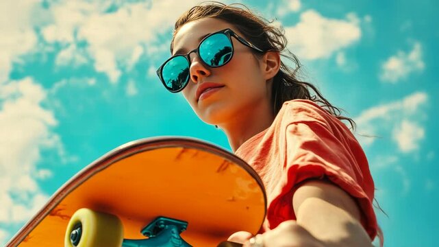 Skater with yellow skateboard riding through sunny sky on cloudless day.