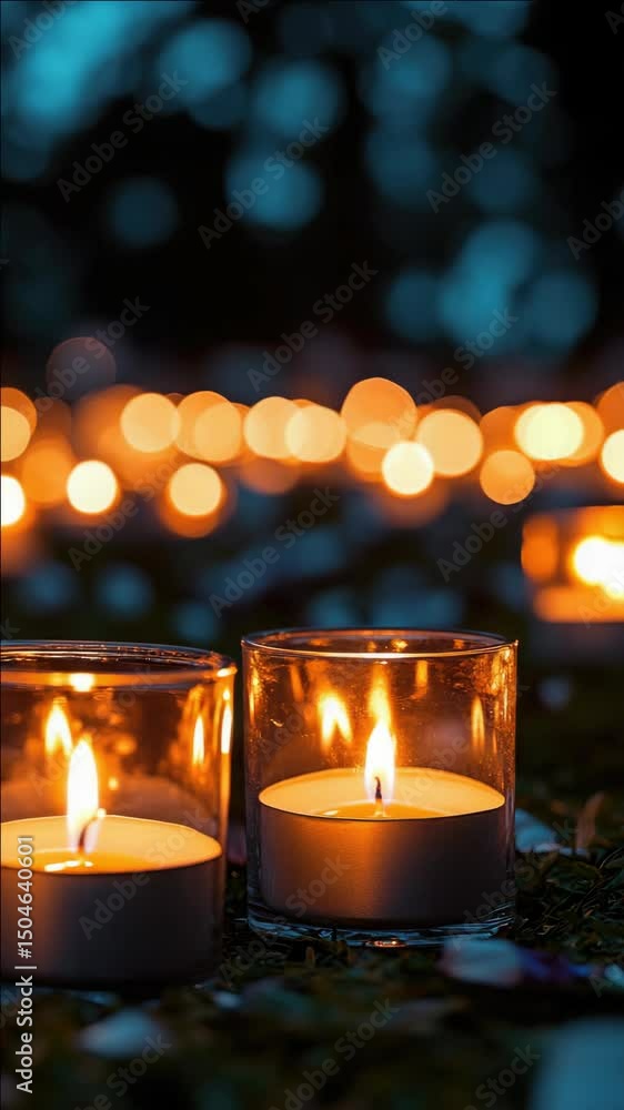 Poster a nighttime scene with glowing candles arranged on the ground, creating a warm and inviting atmosphe