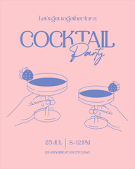 Minimal cocktail party invitation with two hands holding drinks. Modern pink and blue line art design, perfect for summer events, bars, parties, and social media.