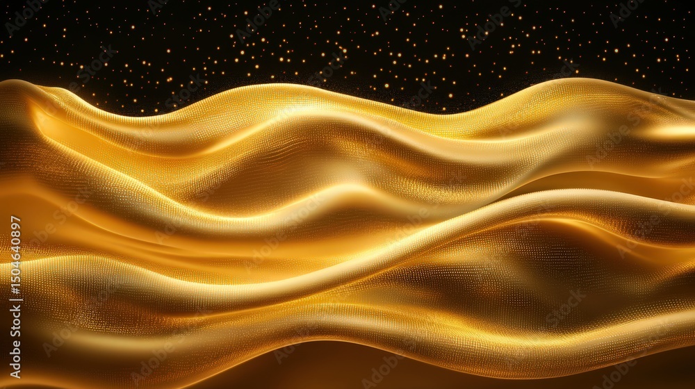 Poster flowing golden fabric waves with shimmering particles in a dark background creating elegance