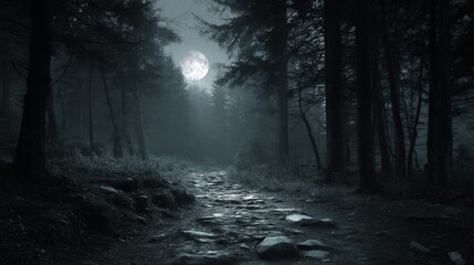 Fototapeta premium Moonlit forest pathway creating eerie atmospheric scene