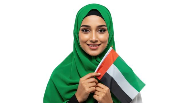Woman Holding UAE Flag, Isolated Transparent PNG Image, Proud Female Displaying United Arab Emirates Flag, Symbol of Patriotism, National Pride, and Cultural Identity for UAE Celebrations