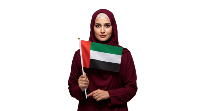 Woman Holding UAE Flag, Isolated Transparent PNG Image, Proud Female Displaying United Arab Emirates Flag, Symbol of Patriotism, National Pride, and Cultural Identity for UAE Celebrations