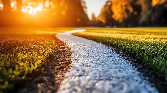 Sunset Path Winding Through Green Field Grass