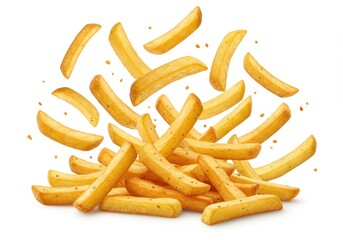 A pile of golden french fries with seasoning scattered on a white background in a studio shot