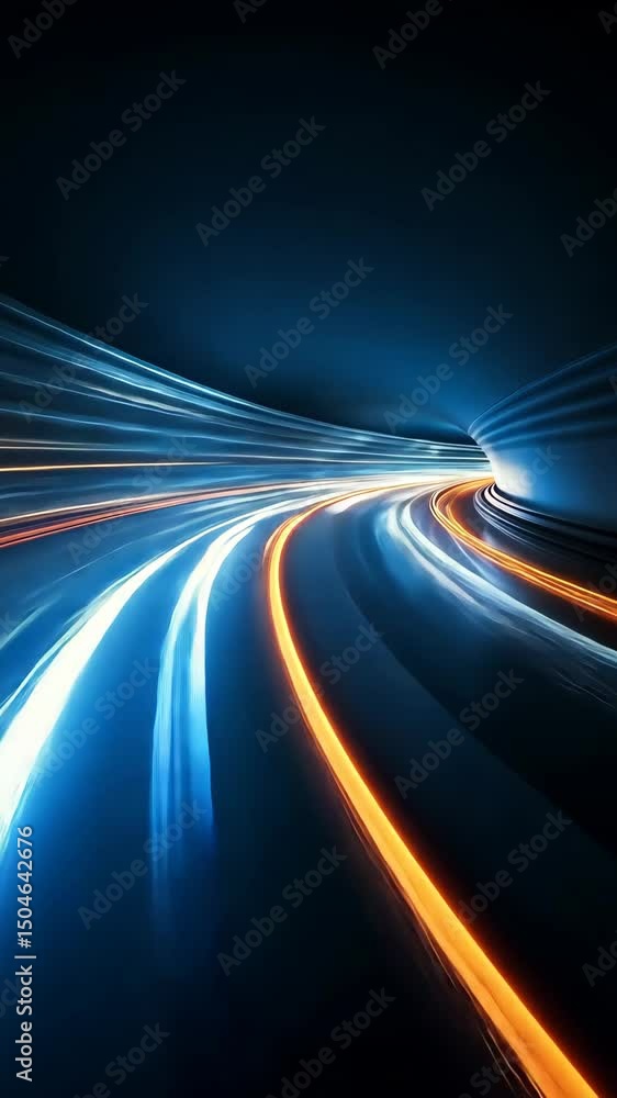 Poster dynamic light trails moving across a dark abstract background, glowing motion. vertical