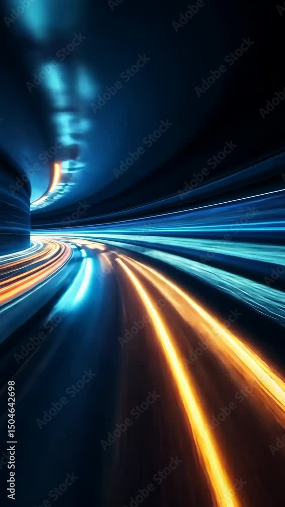 Poster dynamic light trails moving across a dark abstract background, glowing motion. vertical