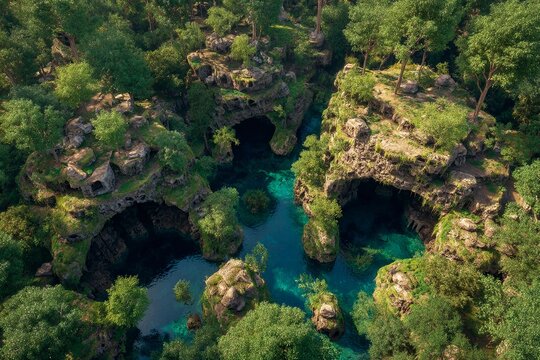 Turquoise water flows through a picturesque landscape dotted with green trees and rocky formations, showcasing the beauty of nature in a serene setting