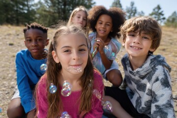 Obraz premium Kids Blowing Bubbles: Happy Children Playing Outdoors