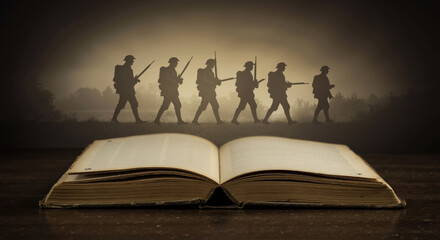 Open book on wooden table with silhouettes of soldiers marching in foggy battlefield. Historical war narrative with troops carrying rifles and flag in misty landscape. Memory preservation
