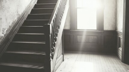 Fototapeta premium Interior view of aged wooden stairs and a sunlit room.