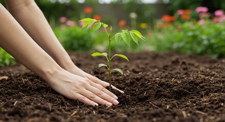 Hands gently planting young seedling in rich soil with colorful flower garden in background. Person nurturing small green plant with fresh leaves. Environmental conservation and gardening.