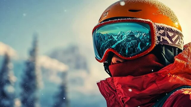 A young  man wearing an orange ski, gear, helmet and goggles stands in a snowy mountain landscape. 