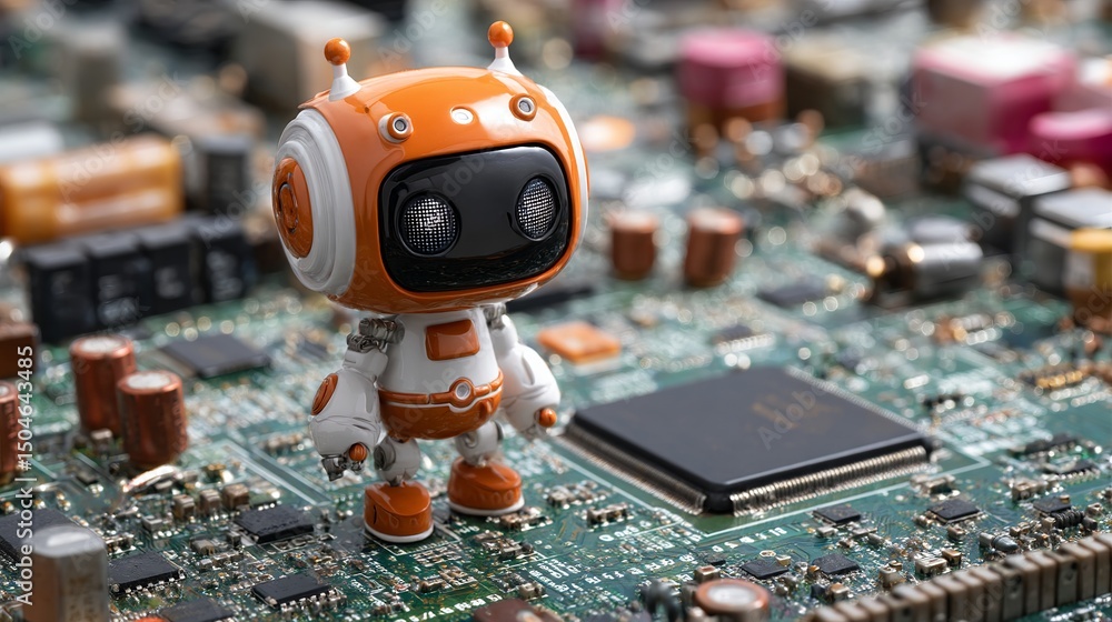 Poster cute orange robot on circuit board technology digital innovation artificial intelligence modern gadg