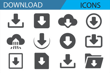 Icon collection for digital downloads, featuring arrows, cloud storage, and file management in simple design.
