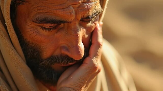 A leper feeling his face as he is healed by Jesus