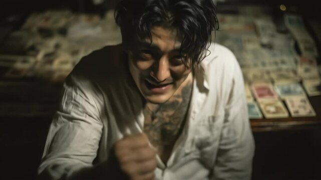 Angry yakuza in front of a table with a stack of bills