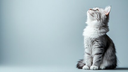 Fluffy gray kitten gazing upwards in a bright setting