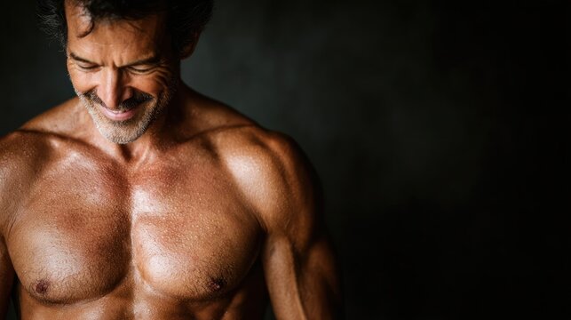 Muscular man smiling in dramatic lighting showcasing fitness and wellness