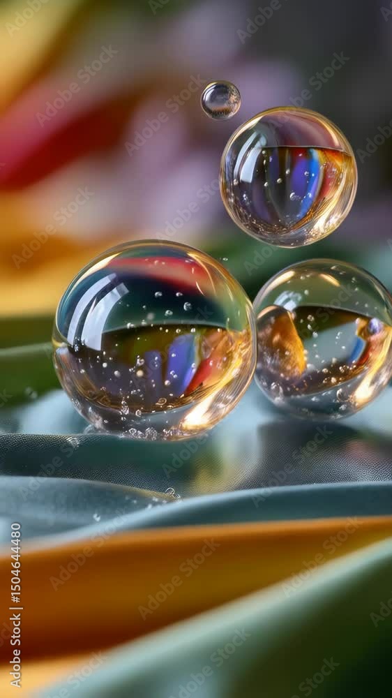 Poster transparent orbs reflecting colorful lights on textured fabric surface, creating a delicate and mesm