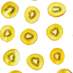 Fresh, ripe gold kiwifruit, some sliced, A view of some kiwi fruit, featuring one that is halved,...