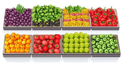 Colorful display of fresh vegetables and fruits in organized trays at a market setting