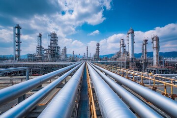 Obraz premium A large industrial facility features numerous pipelines and towering structures reaching into the sky. The scene captures a bustling energy hub on a clear day