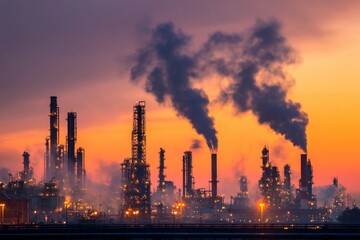 Obraz premium Smoke billows from towering structures of an industrial complex during twilight. The vibrant orange sky contrasts against the power of the machinery, illuminating the area
