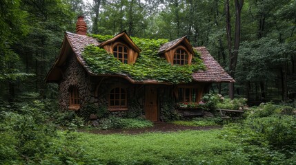 A fairytale cottage with a roof made of giant leaves