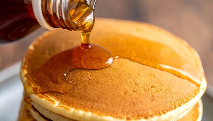Golden pancakes drenched in syrup. A sweet breakfast treat symbolizing indulgence, comfort food, and the start of a good day. Great for food blogs.