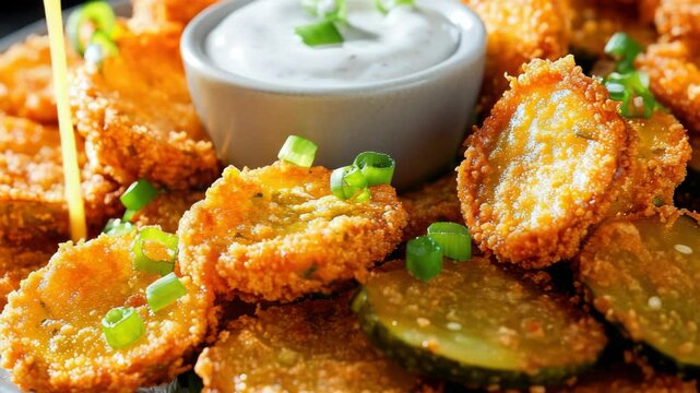 Appetizing crispy fried pickles served with a refreshing tangy ranch dressing.