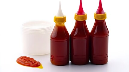 Three Bottles of Red Sauce with Spilled Sauce and Container