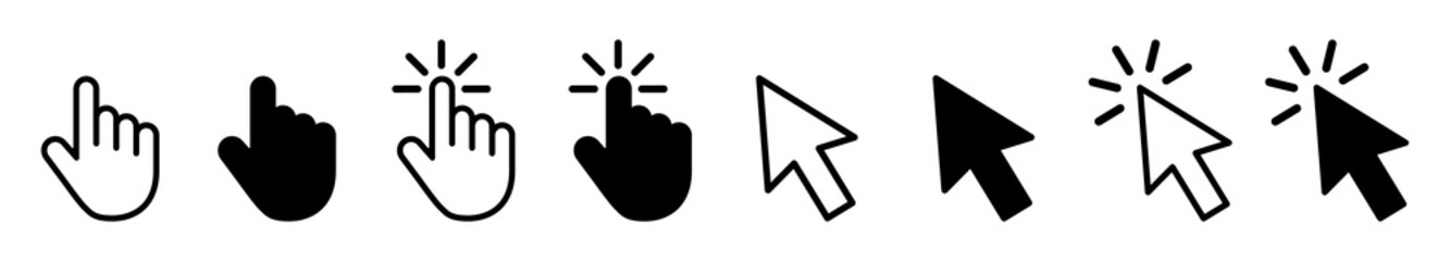 Set of hand and mouse cursor icons in various style. Click gesture and pointer symbols in outline and solid design. Clicking cursor, pointing hand clicks icons set isolated vector illustration.