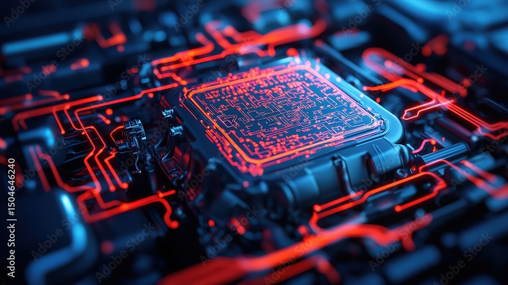 Poster abstract close-up of a futuristic microchip with glowing circuits and blue and red highlights.