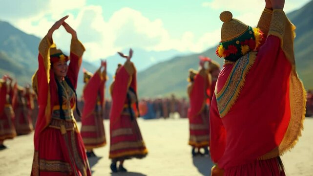 Women perform traditional Inti Raymi sun ritual dance in the Peruvian Andes wearing vibrant woven garments