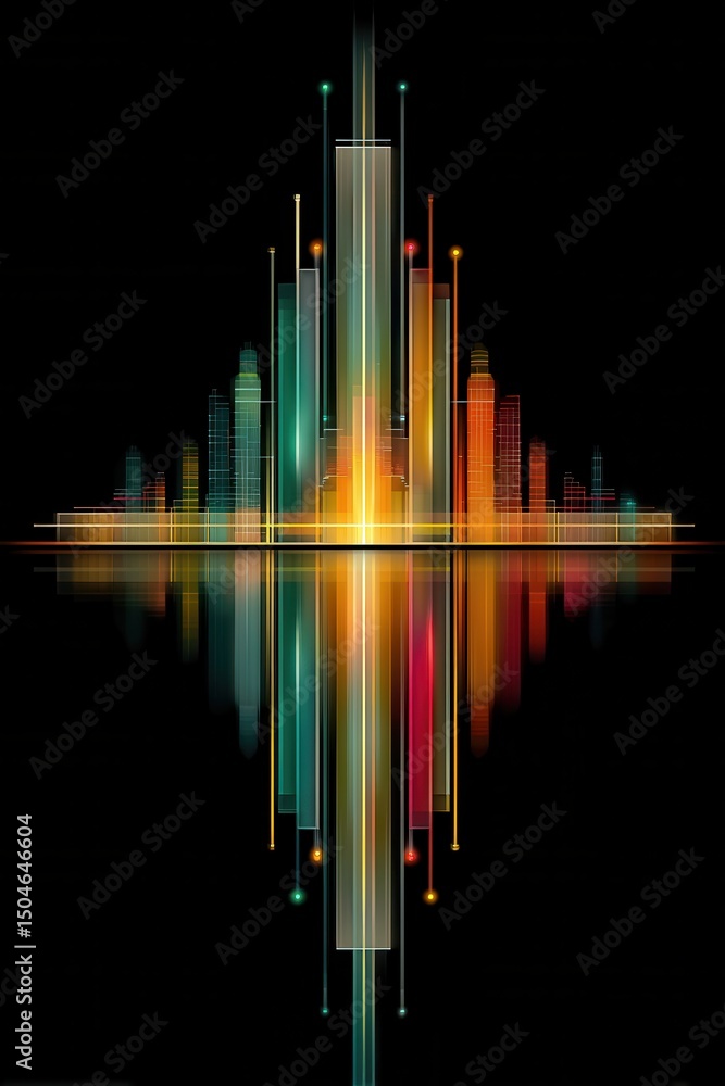 Poster abstract illuminated cityscape with vibrant vertical lines and reflections