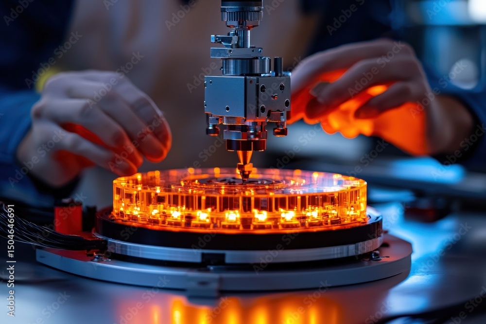 Aufkleber hands working on a glowing circuit, showcasing advanced technology and precision in electronics.