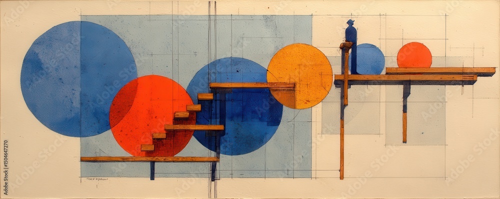 Aufkleber abstract geometric composition of colorful shapes and linear architectural elements