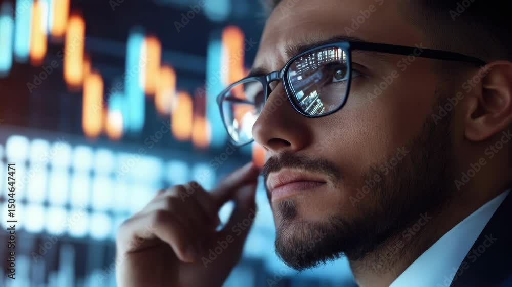 Poster a man wearing glasses is looking at a computer screen. he is wearing a suit and tie. the computer sc