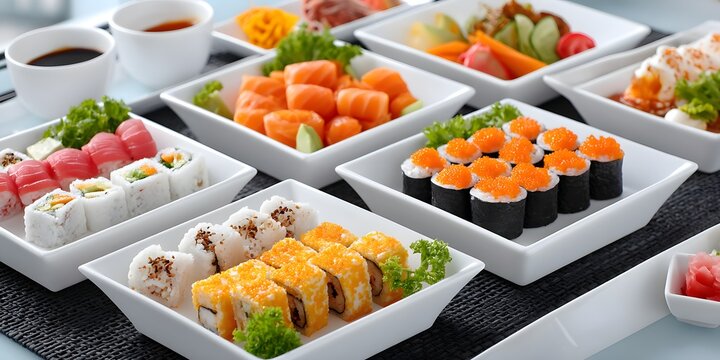 A beautifully arranged assortment of sushi varieties placed on elegant white plates