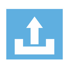 Fototapeta premium A blue color simple square upload icon in the form of a white upward arrow and a whitr line as a sign that the file or document has been uploaded.
