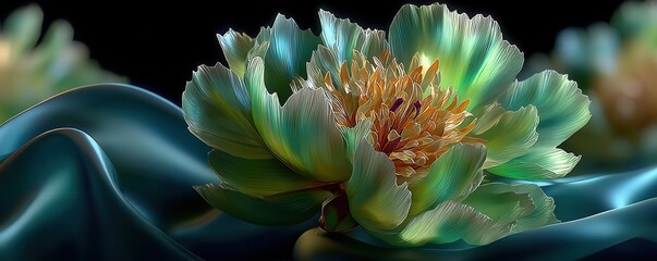 Digital artwork of a vibrant green flower with detailed texture and flow